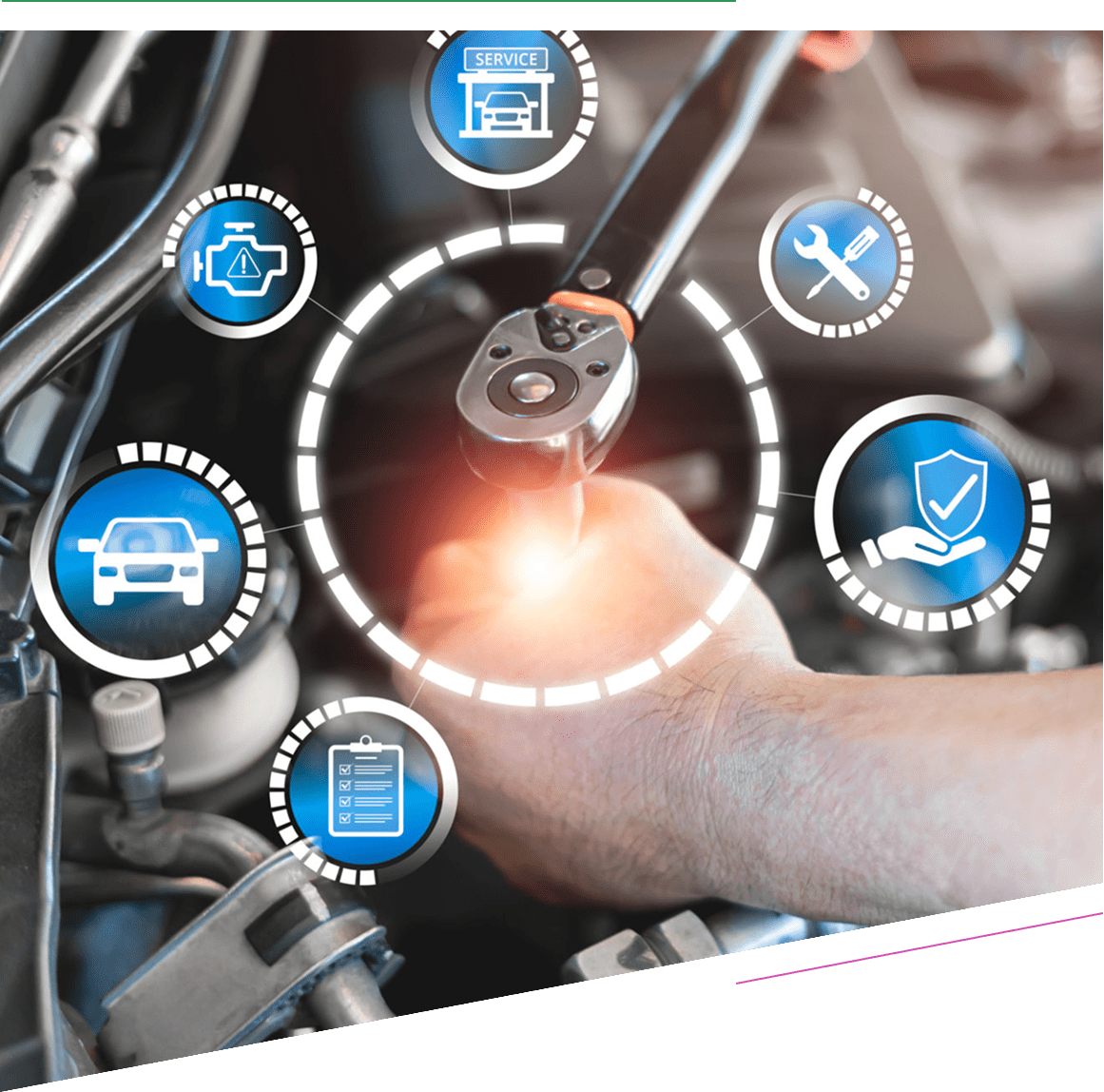 Hand interacting with digital icons over vehicle engine for maintenance.
